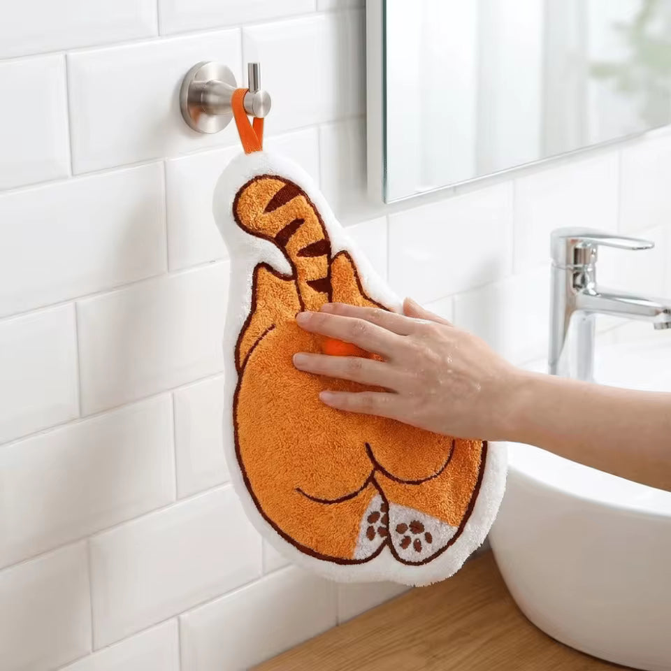 Funny Super Absorbent Cartoon Hand Towel Thickened Coral Fleece Kitchen Towel Cat Pattern